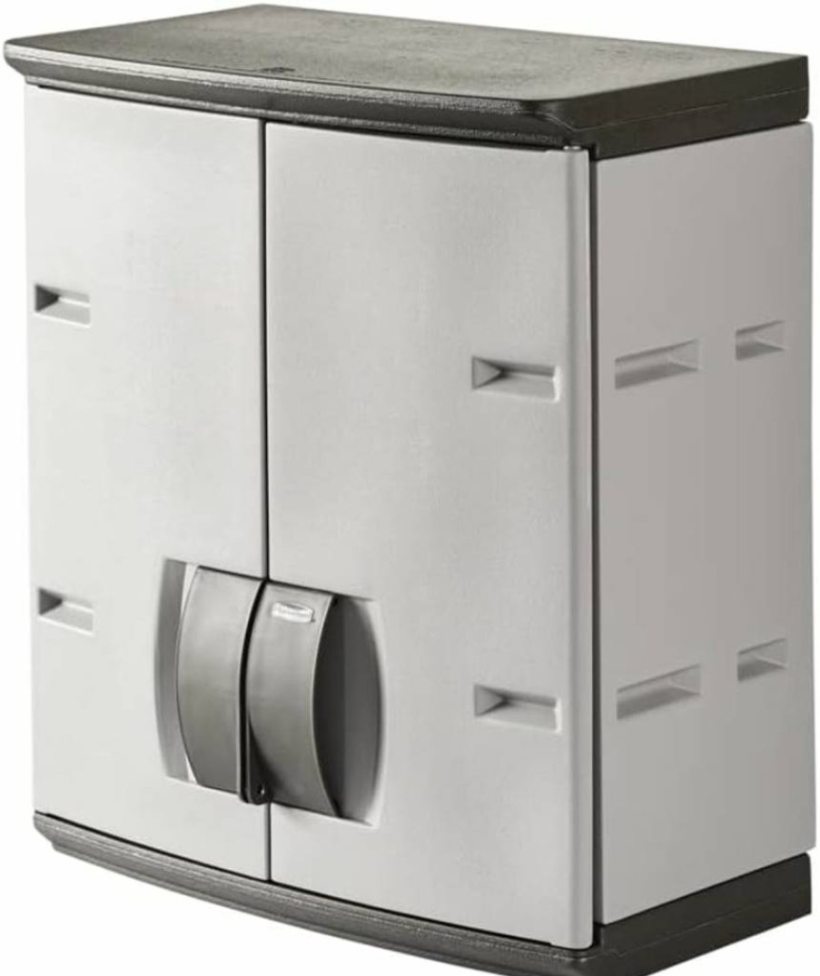 Rubbermaid 5-Shelf Freestanding Storage Cabinet with Lockable Doors - 690 lbs Capacity, Ideal for Garage, Outdoor, Garden Tools, Toys, and Pool Accessories - Gray