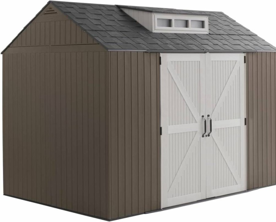 Rubbermaid 7x7 ft. Sandstone Outdoor Storage Shed with Lockable Double Doors – Weatherproof Garden Tool & Lawn Equipment Organizer
