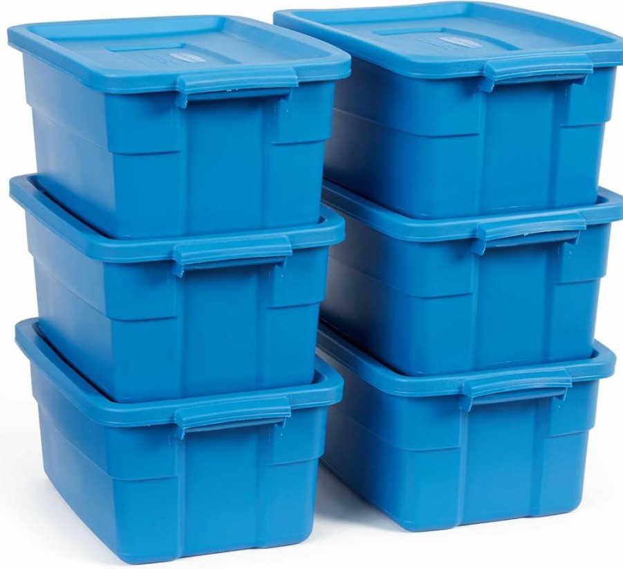 Rubbermaid Roughneck 3 Gallon Storage Totes, 6-Pack Stackable Plastic Bins with Lids for Home, Office, and Tool Organization, Heritage Blue