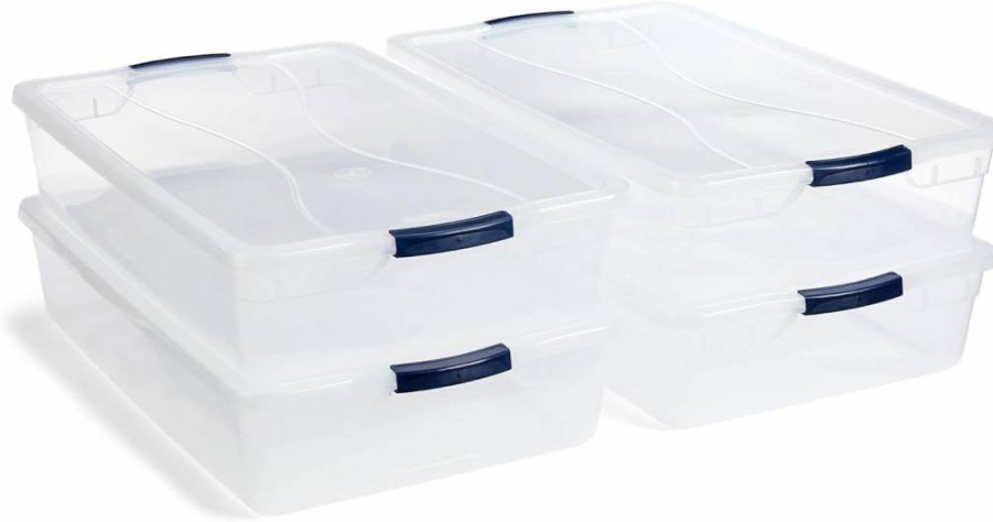 Rubbermaid 74 Quart Clear Storage Bins with Latching Lids - 4-Pack Stackable BPA-Free Plastic Containers, Nesting Trays, Made in USA