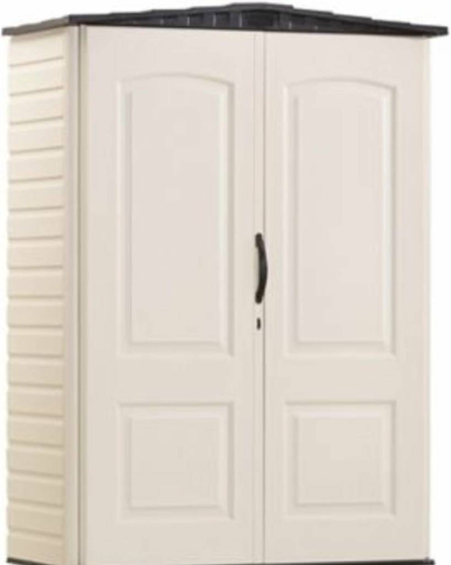 Rubbermaid 6.2x4.6 FT Outdoor Storage Shed, Weather-Resistant Resin Construction with Floor, Ideal for Garden Tools, Lawn Mower, Bike, and Pool Supplies, Beige/Brown Vertical Design for Home & Backyard Organization
