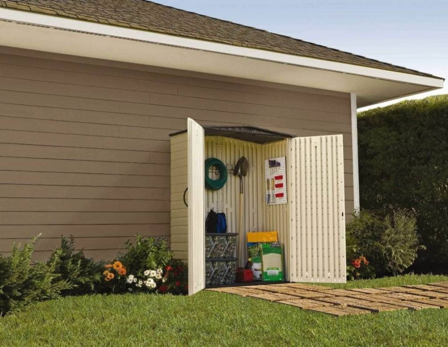 Rubbermaid 6.2x4.6 FT Outdoor Storage Shed, Weather-Resistant Resin Construction with Floor, Ideal for Garden Tools, Lawn Mower, Bike, and Pool Supplies, Beige/Brown Vertical Design for Home & Backyard Organization