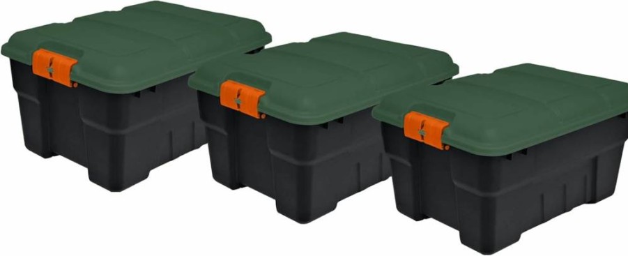 Rubbermaid Pack & Go 14 Gallon Storage Tote with Lockable Lid - Set of 3, Durable Design, Built-In Handles & Tie-Down Channels, Black Base, Gray Lid, Red Handles for Easy Transport