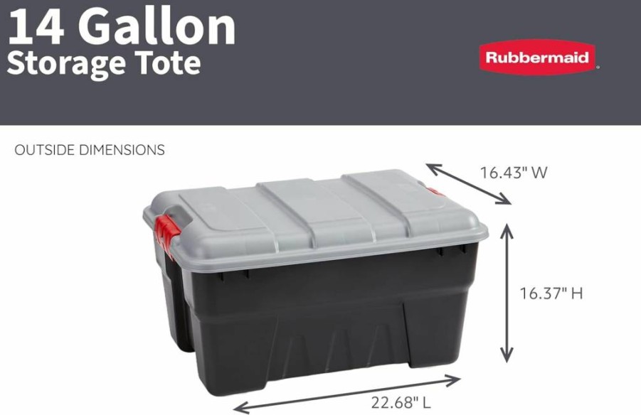 Rubbermaid Pack & Go 14 Gallon Storage Tote with Lockable Lid - Set of 3, Durable Design, Built-In Handles & Tie-Down Channels, Black Base, Gray Lid, Red Handles for Easy Transport