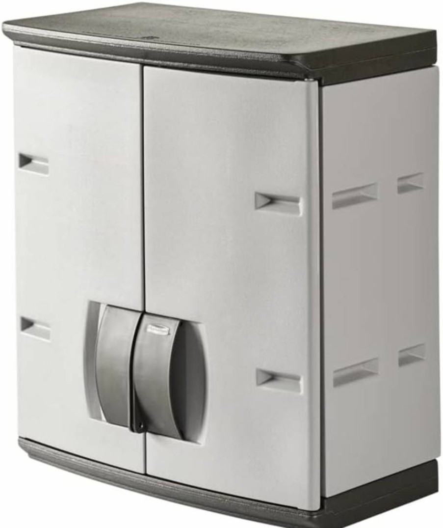 Rubbermaid 3-Shelf Lockable Storage Cabinet - Wall Mounted Garage Organizer for Tools, Car Accessories & Cleaning Supplies, 150 lbs Capacity, Gray, Indoor/Outdoor Use