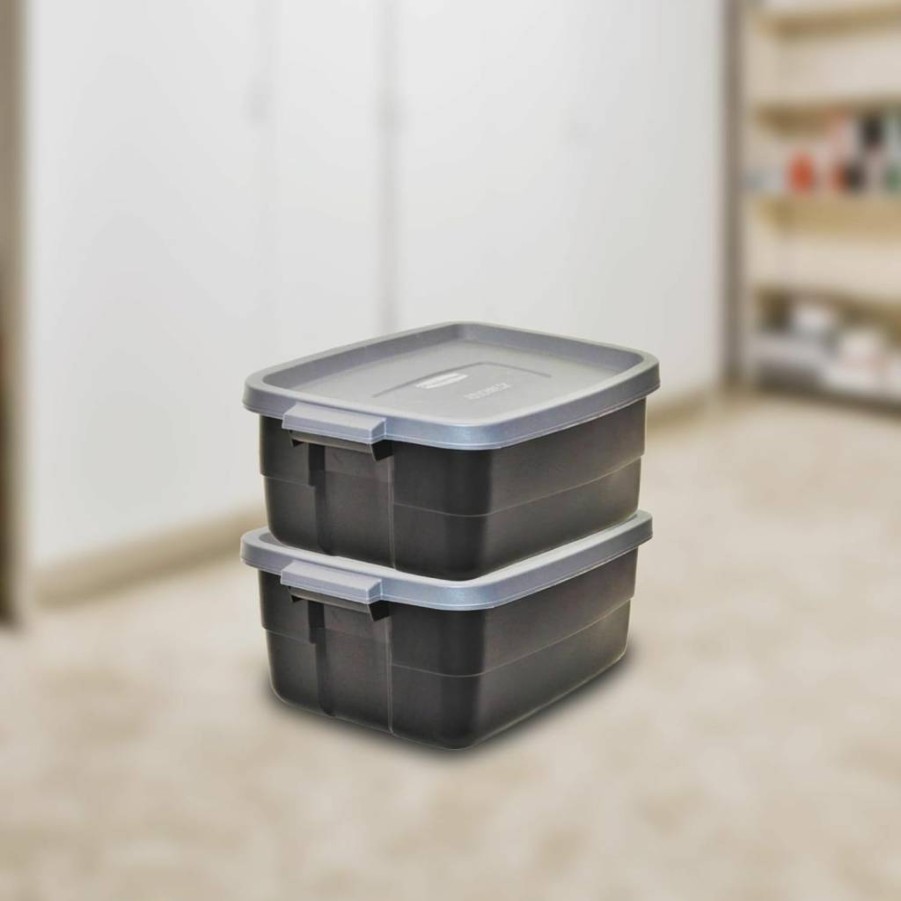 Rubbermaid 18-Gallon Roughneck Storage Tote 6-Pack, Stackable Plastic Bins with Lids & Handles, Heavy-Duty Black & Gray Containers, Made in USA