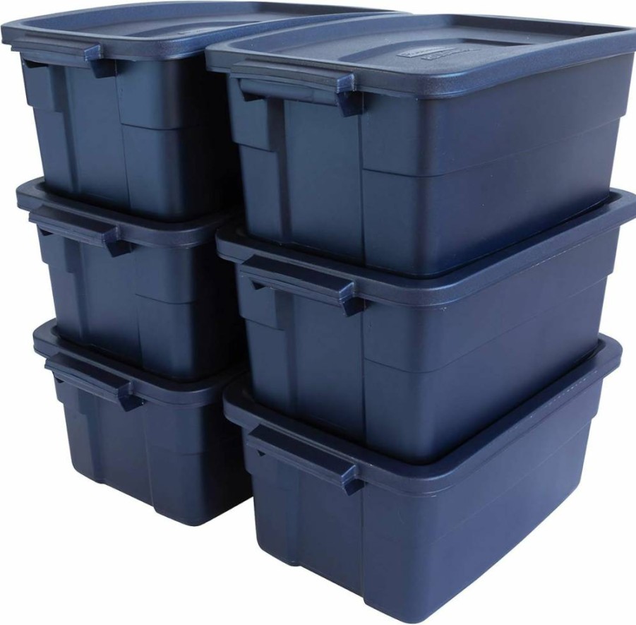 Rubbermaid 18-Gallon Roughneck Storage Tote, 6-Pack Stackable Plastic Bins with Lids & Handles, Dark Indigo Metallic, Made in USA