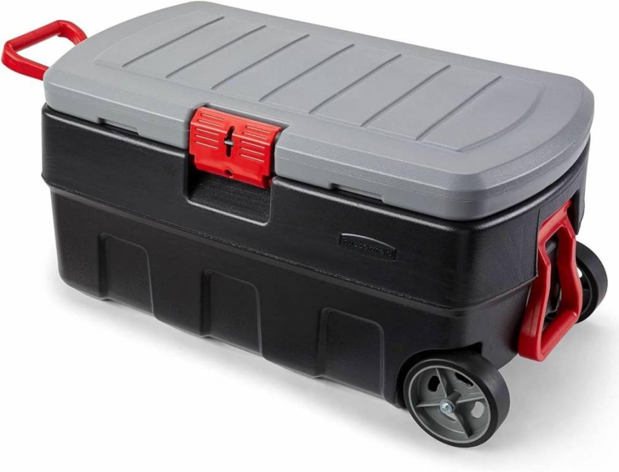 Rubbermaid ActionPacker 8-Gallon Lockable Storage Bin Set of 4, Heavy-Duty Outdoor & Industrial Container, Durable Grey and Black Tote Boxes