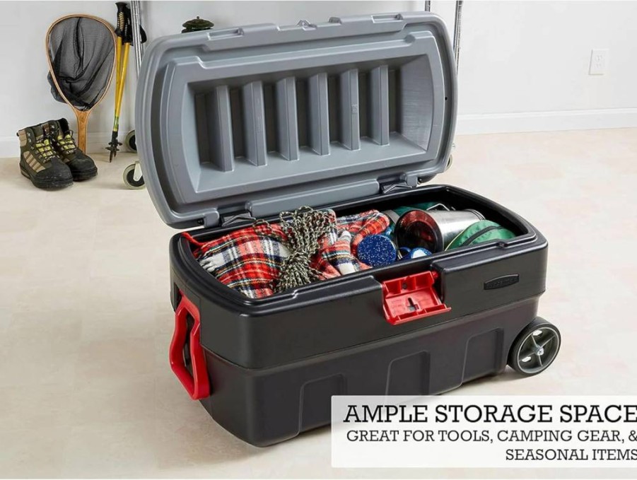 Rubbermaid ActionPacker 8-Gallon Lockable Storage Bin Set of 4, Heavy-Duty Outdoor & Industrial Container, Durable Grey and Black Tote Boxes