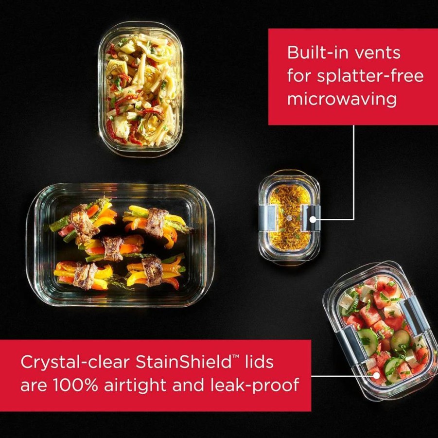 Rubbermaid Brilliance 4-Piece Glass Food Storage Containers Set with Lids - Dishwasher, Oven Safe for Meal Prep, Lunch & Leftovers - Clear/Grey Airtight Containers