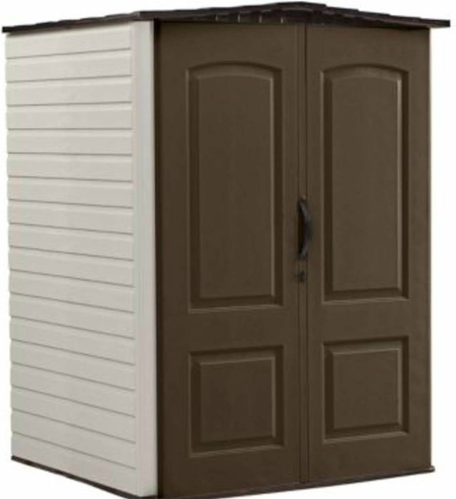 Rubbermaid 5x4 Ft Brown Outdoor Storage Shed - Weather-Resistant Vertical Resin Organizer for Garden, Pool, Lawn, and Backyard Tools