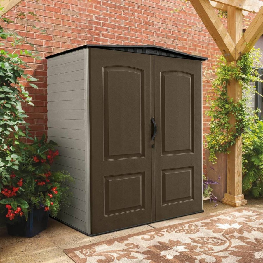 Rubbermaid 5x4 Ft Brown Outdoor Storage Shed - Weather-Resistant Vertical Resin Organizer for Garden, Pool, Lawn, and Backyard Tools